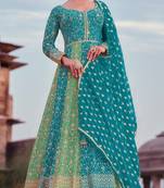 Sky blue georgette designer embroidery work heavy wedding ceremonial attire for glamorous diva looks