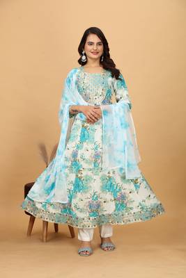 Sky chinon beautiful printed readymade suit with light embroidery work 1