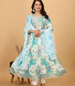 Sky chinon beautiful printed readymade suit with light embroidery work