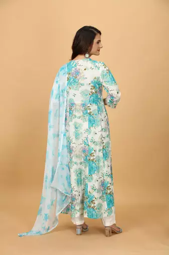 Sky chinon beautiful printed readymade suit with light embroidery work