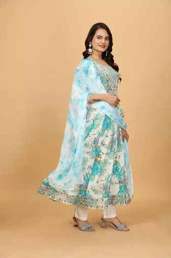 Sky chinon beautiful printed readymade suit with light embroidery work
