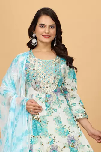 Sky chinon beautiful printed readymade suit with light embroidery work