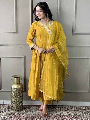 Mustard viscosee chanderi embroidery work ethnic readymade salwar kameez 1