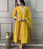 Mustard viscosee chanderi embroidery work ethnic readymade salwar kameez