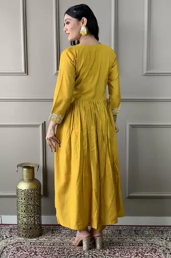 Mustard viscosee chanderi embroidery work ethnic readymade salwar kameez