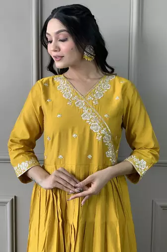 Mustard viscosee chanderi embroidery work ethnic readymade salwar kameez