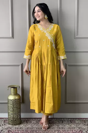 Mustard viscosee chanderi embroidery work ethnic readymade salwar kameez