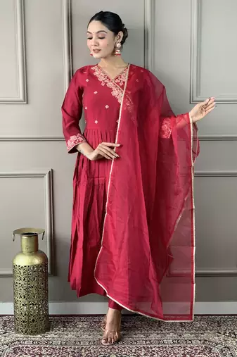 Maroon viscosee chanderi embroidery work ethnic readymade salwar kameez