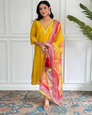 Yellow viscosee chanderi embroidery work with printed ethnic readymade salwar kameez 2