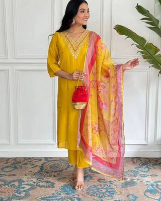 Yellow viscosee chanderi embroidery work with printed ethnic readymade salwar kameez 3