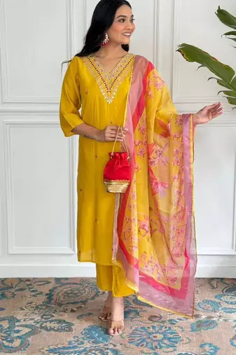Yellow viscosee chanderi embroidery work with printed ethnic readymade salwar kameez