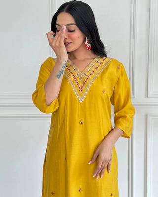 Yellow viscosee chanderi embroidery work with printed ethnic readymade salwar kameez 4