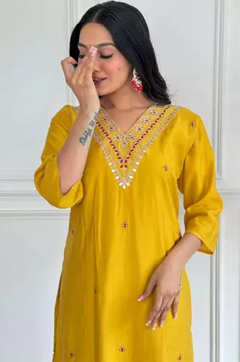 Yellow viscosee chanderi embroidery work with printed ethnic readymade salwar kameez