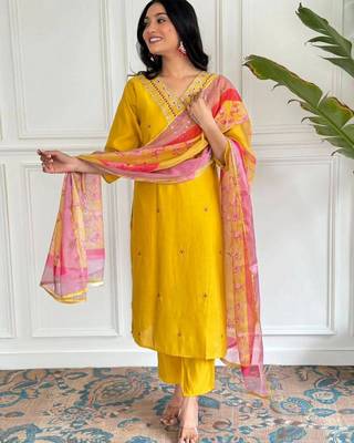Yellow viscosee chanderi embroidery work with printed ethnic readymade salwar kameez 1