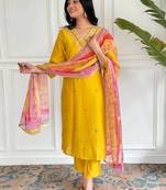 Yellow viscosee chanderi embroidery work with printed ethnic readymade salwar kameez