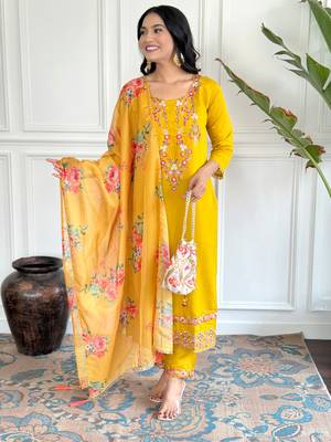 Yellow viscosee chanderi embroidery work with printed ethnic readymade salwar kameez 1