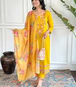 Yellow viscosee chanderi embroidery work with printed ethnic readymade salwar kameez