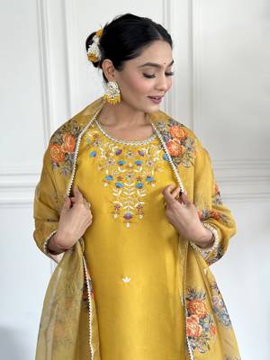 Yellow viscosee chanderi embroidery work with printed ethnic readymade salwar kameez 3