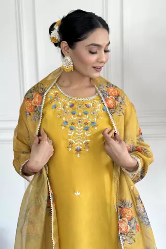 Yellow viscosee chanderi embroidery work with printed ethnic readymade salwar kameez