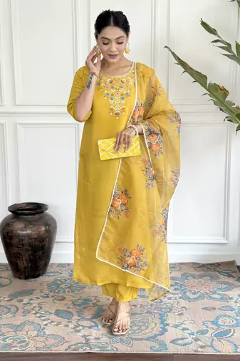 Yellow viscosee chanderi embroidery work with printed ethnic readymade salwar kameez