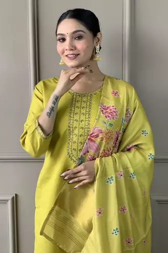 Green viscosee chanderi embroidery work with printed ethnic readymade salwar kameez
