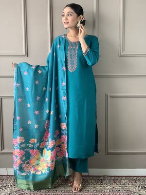 Blue viscosee chanderi embroidery work with printed ethnic readymade salwar kameez 1