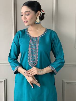 Blue viscosee chanderi embroidery work with printed ethnic readymade salwar kameez 3