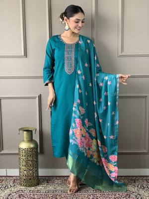 Blue viscosee chanderi embroidery work with printed ethnic readymade salwar kameez 4