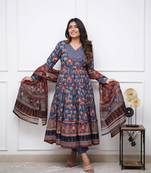 Blue cotton designer printed with embroidery work graceful party suit