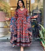 Red cotton designer printed with embroidery work graceful party suit