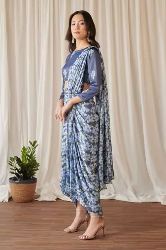 Space blue lungi saree set