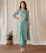 Seagreen slit skirt saree set