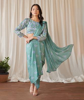 Seagreen slit skirt saree set 2