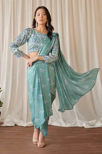 Seagreen slit skirt saree set
