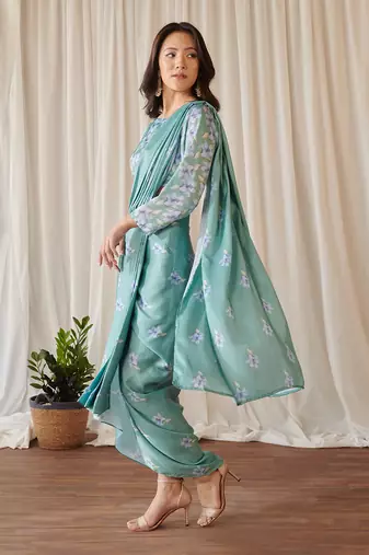 Seagreen slit skirt saree set