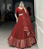 Rust Red Chanderi Foil Print Border Lehenga Choli for Wedding 