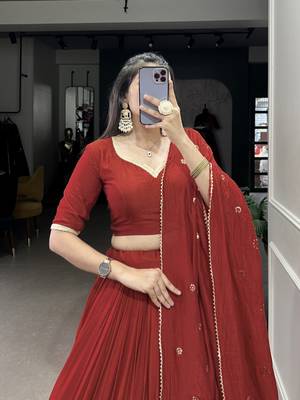Rust Red Chanderi Foil Print Border Lehenga Choli for Wedding  3