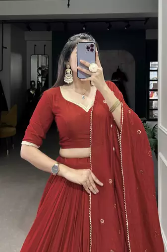 Rust Red Chanderi Foil Print Border Lehenga Choli for Wedding 