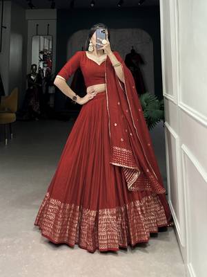 Rust Red Chanderi Foil Print Border Lehenga Choli for Wedding  4