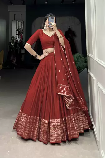 Rust Red Chanderi Foil Print Border Lehenga Choli for Wedding 