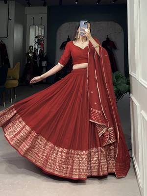 Rust Red Chanderi Foil Print Border Lehenga Choli for Wedding  5