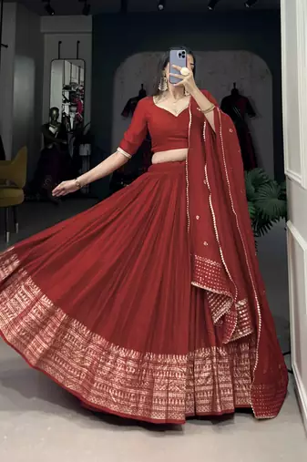 Rust Red Chanderi Foil Print Border Lehenga Choli for Wedding 