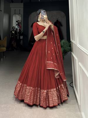 Rust Red Chanderi Foil Print Border Lehenga Choli for Wedding  6