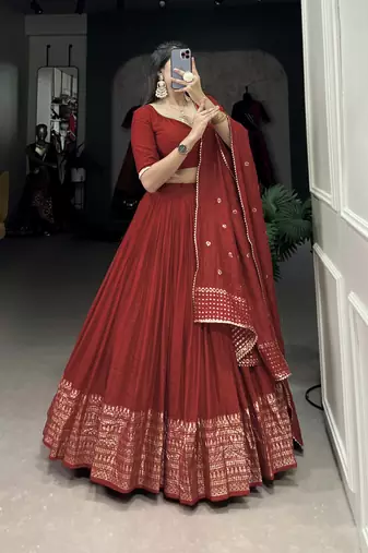 Rust Red Chanderi Foil Print Border Lehenga Choli for Wedding 