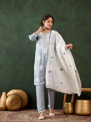 Grey rayon chikankari embroidery work work classy formal looks reaymade suit 1