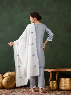 Grey rayon chikankari embroidery work work classy formal looks reaymade suit 2