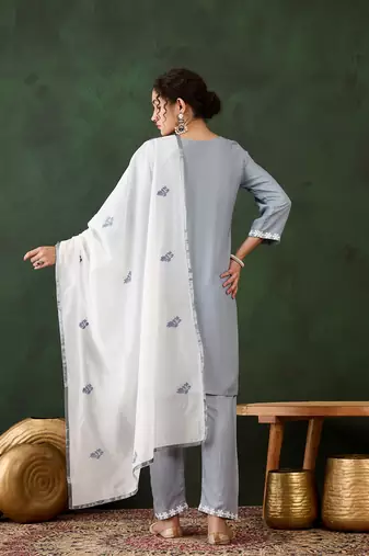 Grey rayon chikankari embroidery work work classy formal looks reaymade suit