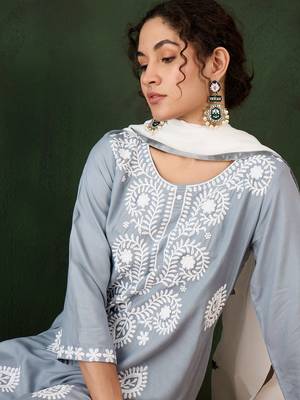 Grey rayon chikankari embroidery work work classy formal looks reaymade suit 3