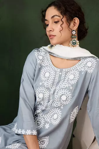 Grey rayon chikankari embroidery work work classy formal looks reaymade suit