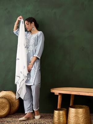 Grey rayon chikankari embroidery work work classy formal looks reaymade suit 4
